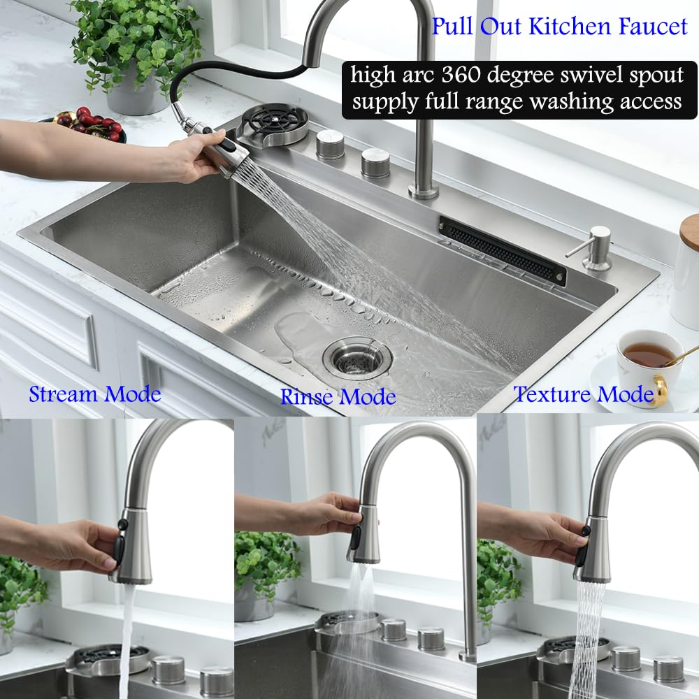 Bokaiya 33x19 Drop In Waterfall Kitchen Sink with Faucet Combo